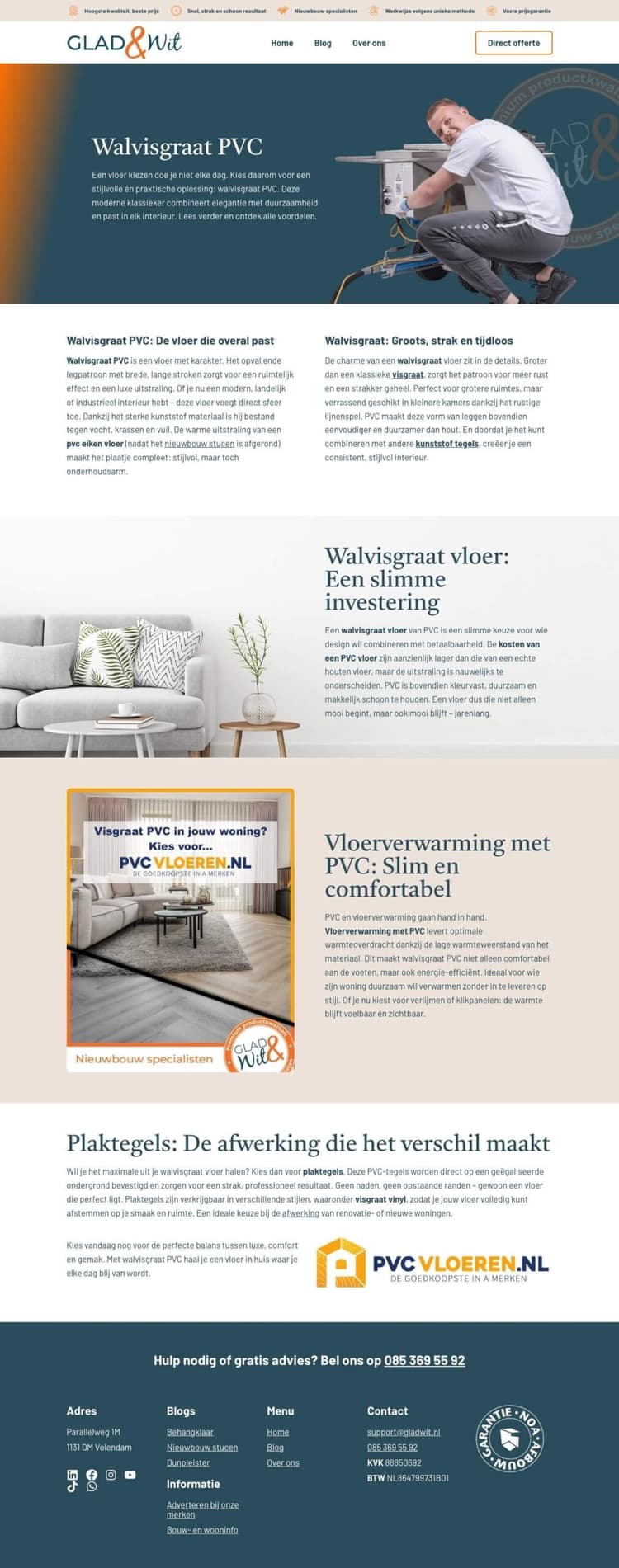 Het gepubliceerde branded content artikel over walvisgraat PVC op gladwit.nl